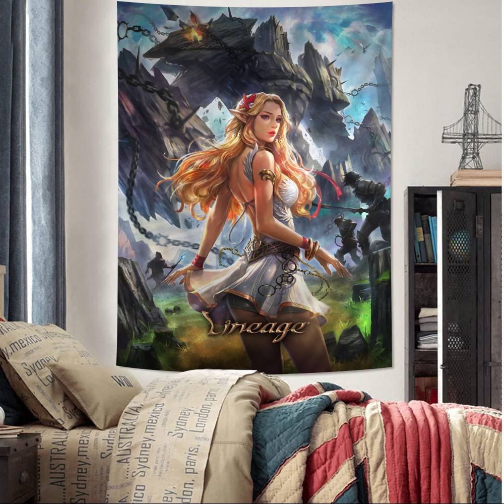 Lineage 2 Games Anime Tapestry Hippie Flower Wall Carpets Dorm Decor Cheap Hippie Wall Hanging