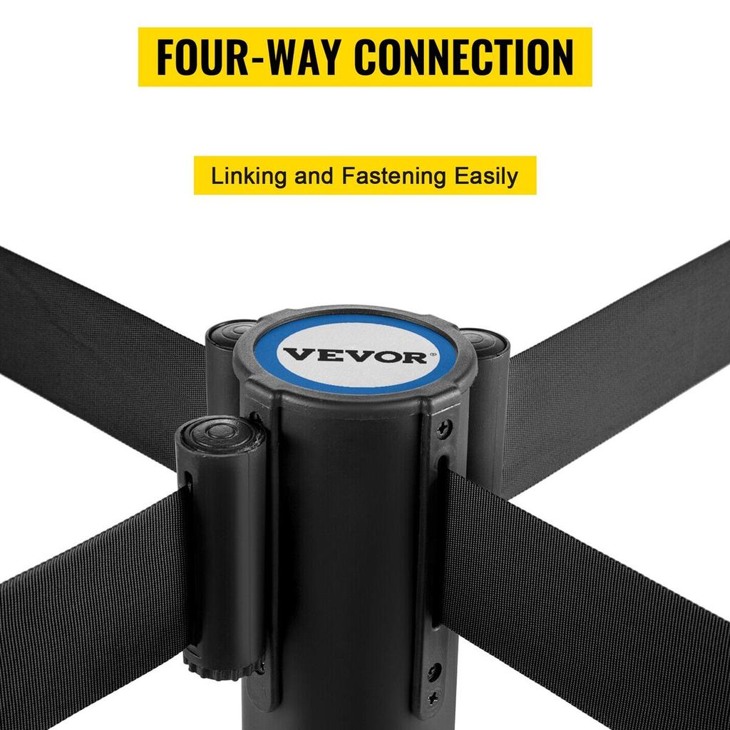 Crowd Control Stanchion, Set of 4 Pieces Stanchion Set, Stanchion Set with 6.6 ft/2 m Black Retractable Belt, Black Crowd Control Barrier w/ Concrete