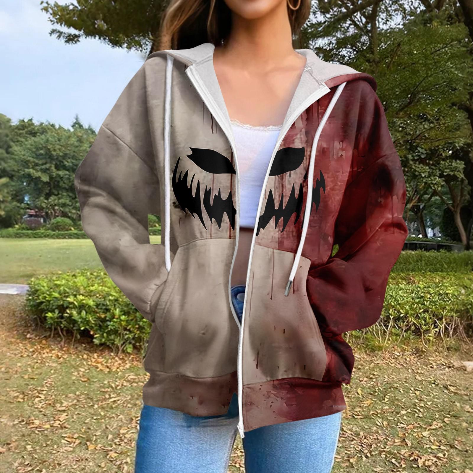 

Женская повседневная модная толстовка с длинным рукавом, на молнии, с принтом, на кулиске, с капюшоном M винный