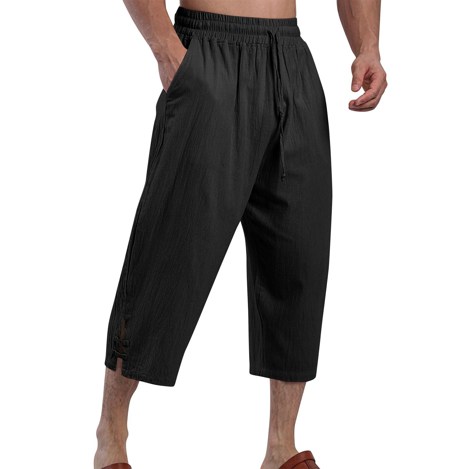 

Мужские летние повседневные укороченные брюки на шнурке Мужские дышащие укороченные брюки из хлопка и льна XXL чёрный