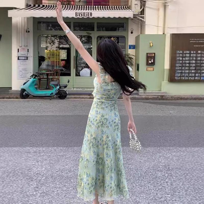 French Floral Sling Dress Children's Summer 2 Beautiful Super Good-looking Seaside Holiday Beach Long Dress