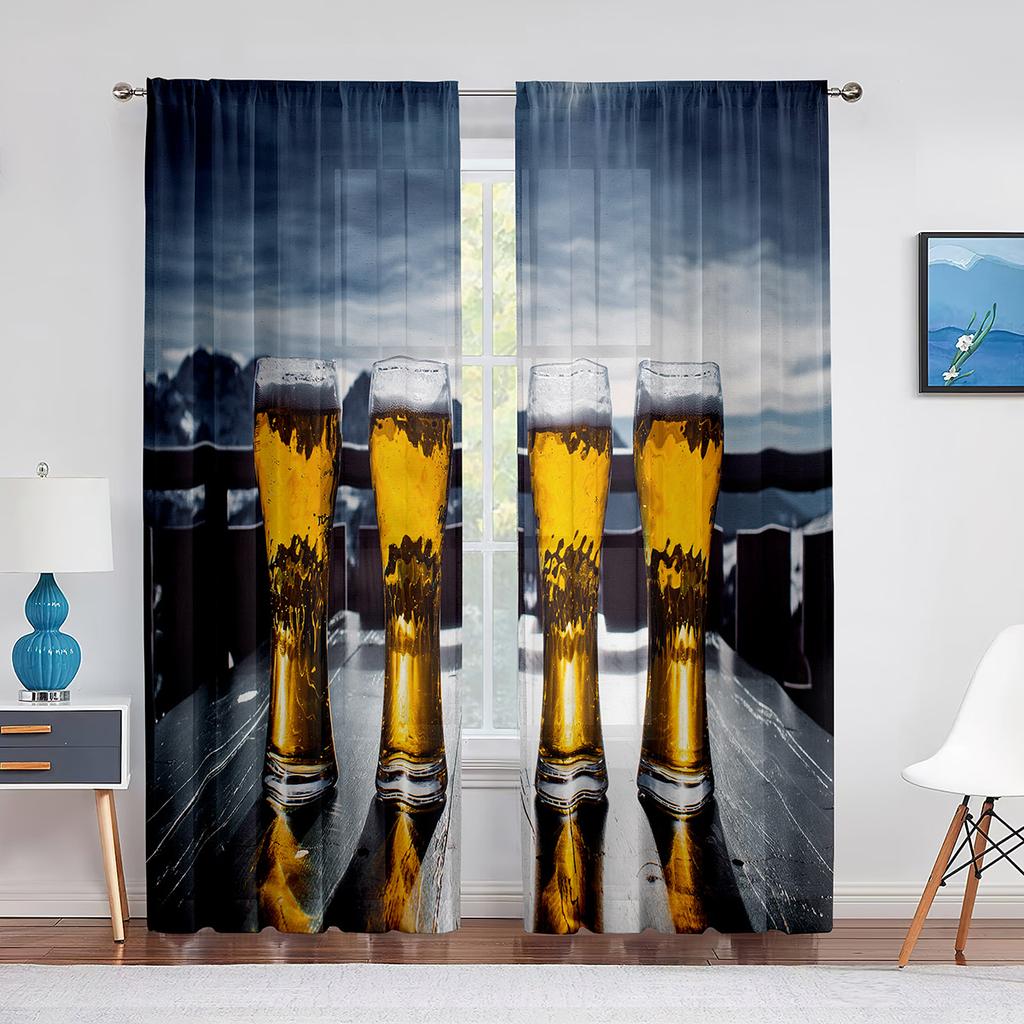 Glasses of Beer and Ale Barrel on Wooden Table Tulle Curtains for Living Room Bedroom Decor Chiffon Sheer Voile Kitchen Curtain