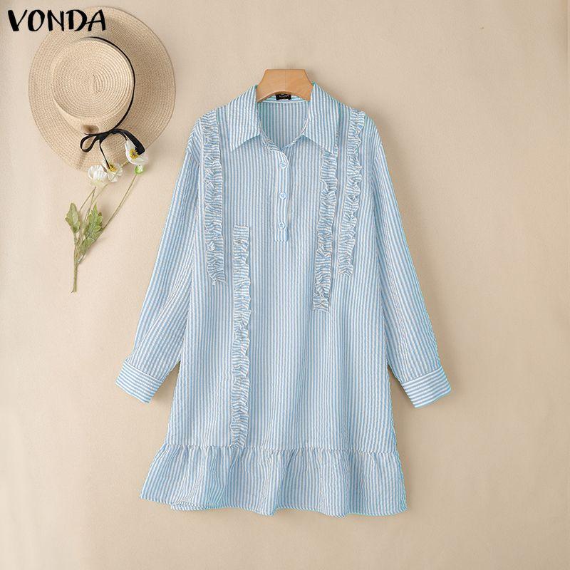 VONDA Women Casual Loose Turn Down Collar Long Sleeve Striped Ruffled Shirt Dress
