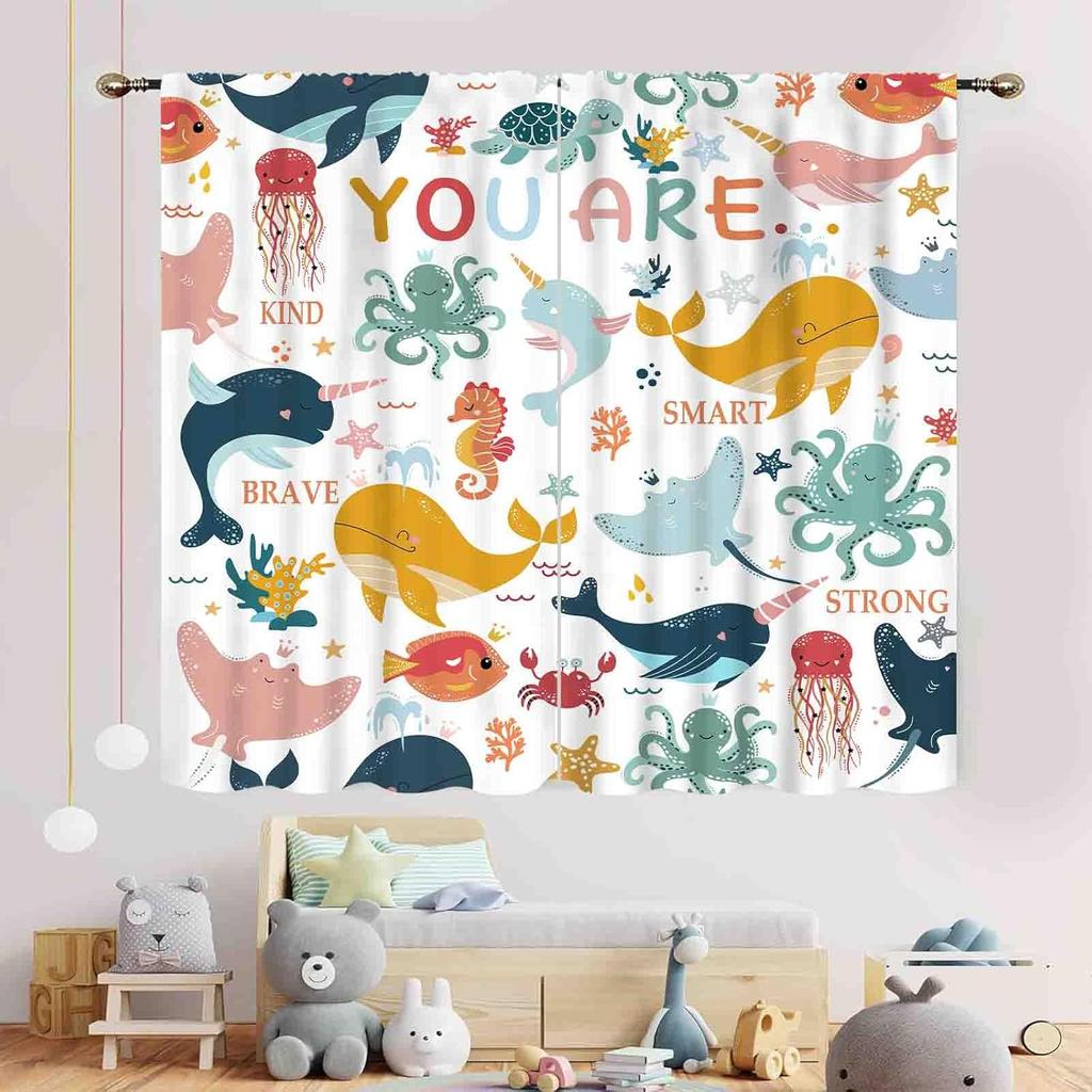 Ocean Kids Curtains, Sea World Underwater Fish Marine Animals Whale Shark Fish Quotes Inspirational Colorful Window Drapery for