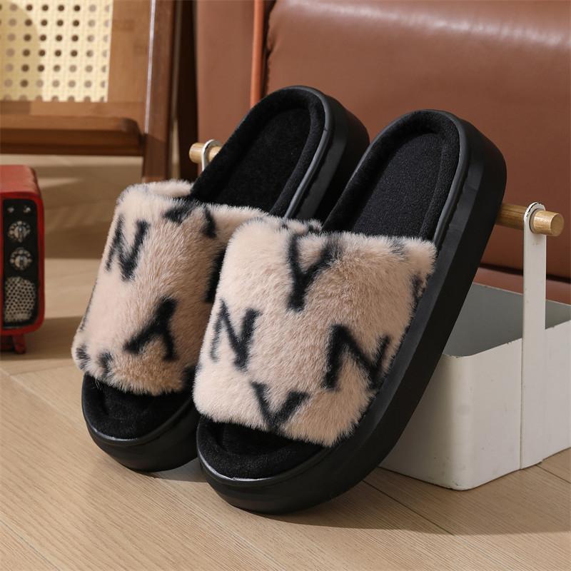 New autumn fluffy slippers women's thick bottom opening household indoor non-slip home plush cotton slippers