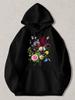 Black Pullover Hoodie with Vibrant Vintage Botanical Floral Print Colorful Wildflower Bouquet Design Casual Streetwear Sweatshirt