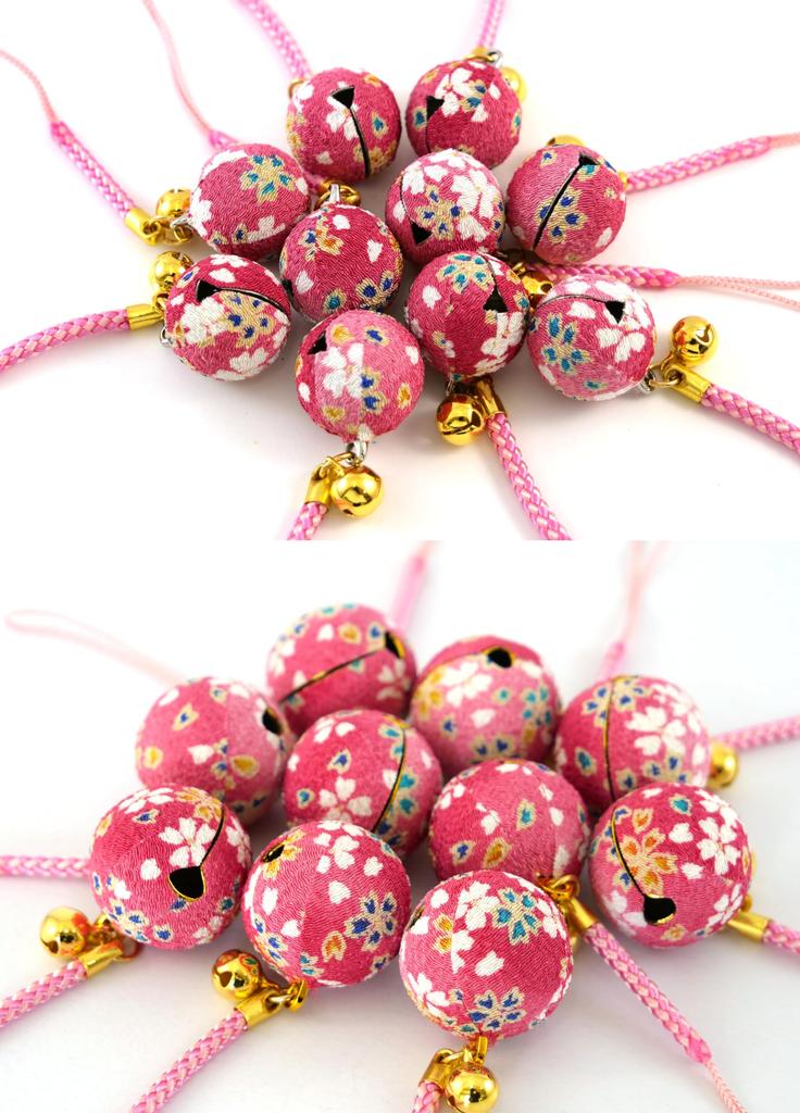 Hana Chirimen Bells of Japanese Chirimen Netsuke Large Bell Small Bell (Set 2) Keychains (25mm Diameter) & (20mm Diameter) (Pale Pink)