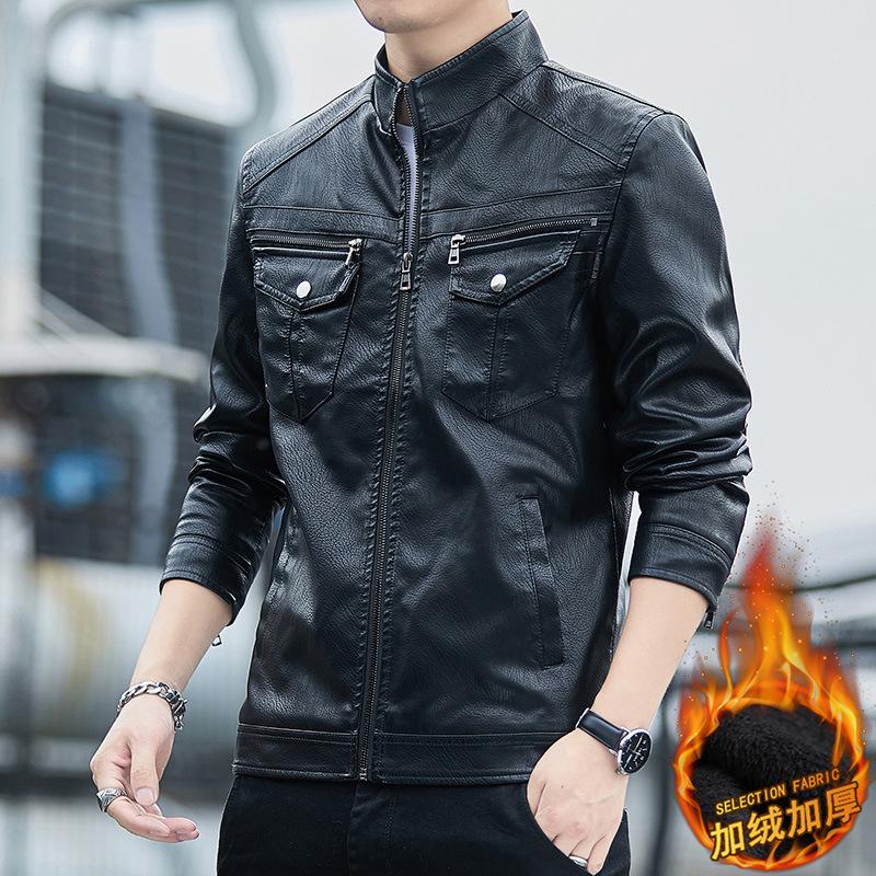 New men's leather jacket spring and autumn casual slim fit multi-pocket breathable youth leather jacket top