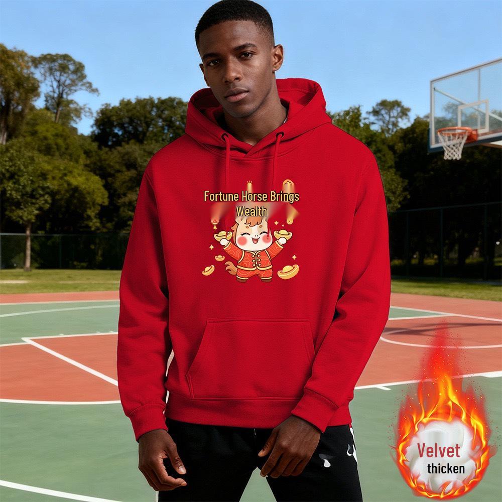 Men’s Year of the Horse Limited Edition Red Hoodie - Plus Velvet, Chinese New Year Trend, Couple Style. 2XL (150-165 lbs)