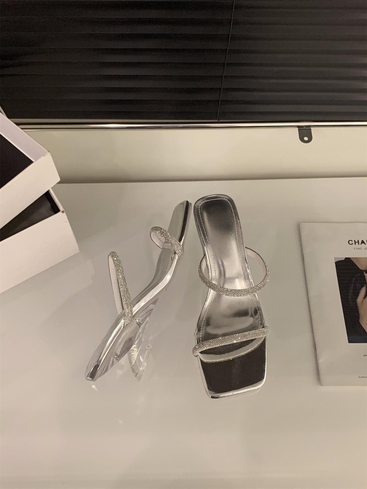 

Прозрачные хрустальные туфли на высоком каблуке-клине, крутые шлепанцы, туфельки феи, серебристые сандалии со стразами 39 серебряный