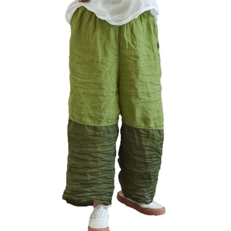 New Splicing Cotton and Linen Pants Wide-leg and Wide Casual Pants Sun Protection Elastic Loose Large Size Nine-point Pants