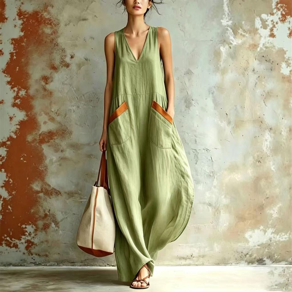 New V-neck sleeveless imitation hemp dress summer loose vacation style long dress beach casual solid color vest