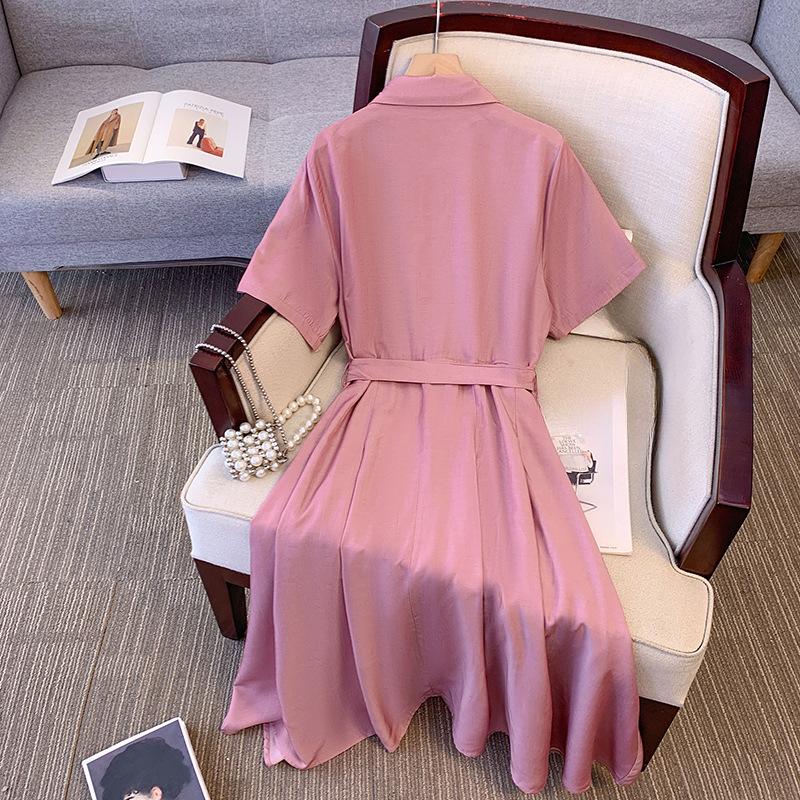 Übergröße Damenkleid Neu Rosa Fortgeschrittenes Lichtkleid Kurzarmhemd Langes Kleid