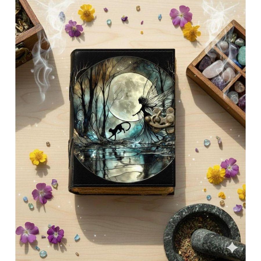 

Handmade Fairy n Cat Leather Grimoire –Blank spell Book of Shadows Witchcraft Journal, Wiccan Pagan Notebook, Daily diary Magic Journal Gift 7 x 5 inch / 100 Page
