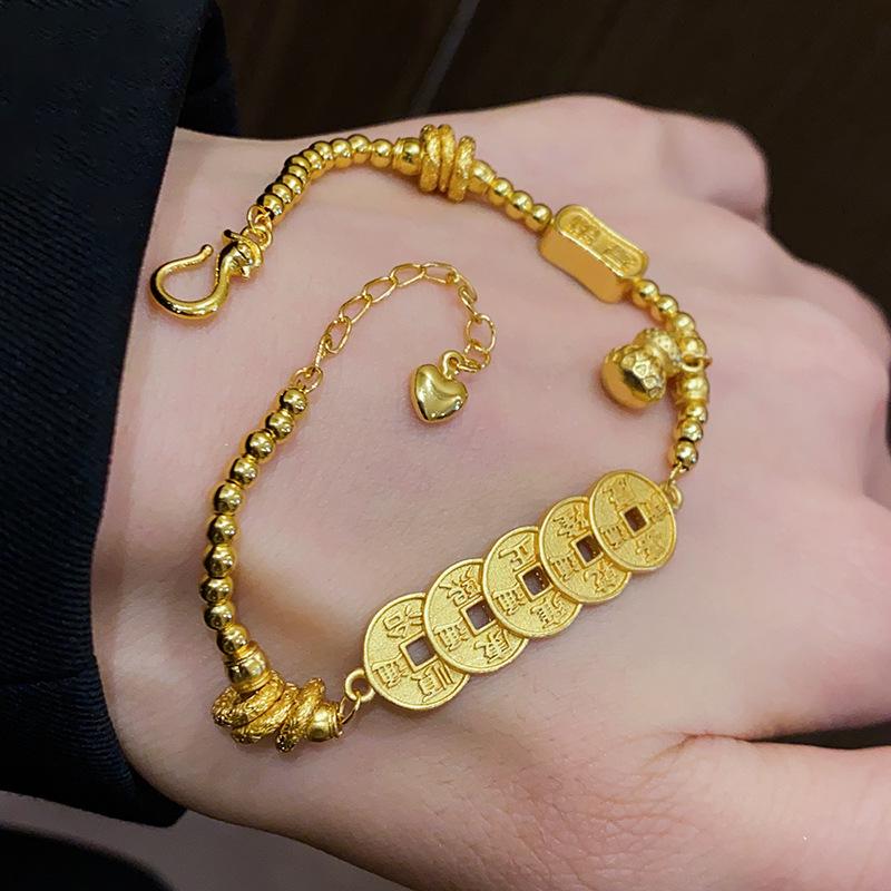 24K Gold-Plated Gourd Bracelet: New Chinese Style Retro Bangle, Light Luxury High-End Jewelry for Women