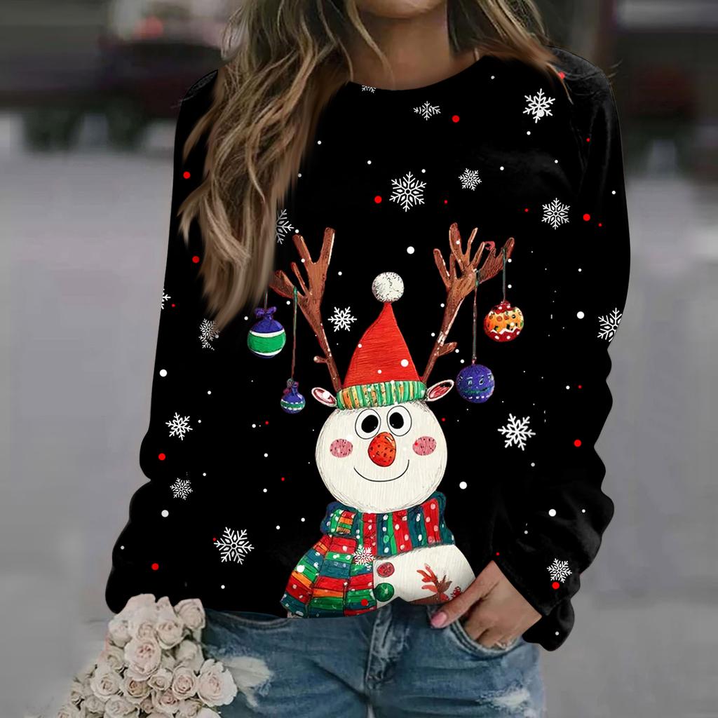 Dámská módní ležérní mikina s dlouhým rukávem a vánočním potiskem na krku