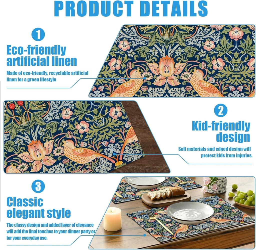 Strawberry Thief William Morris Placemats Set of 6, Floral Bird Washable Linen Place Mat Heat Resistant Non Slip Kitchen Dining Table Mats 12x18 Inch