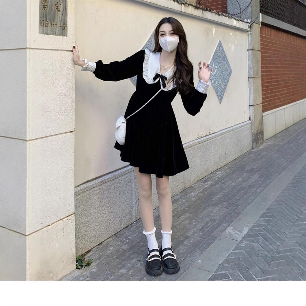 Autumn new Hepburn style black velvet dress women's vintage college style Lolita little black dress