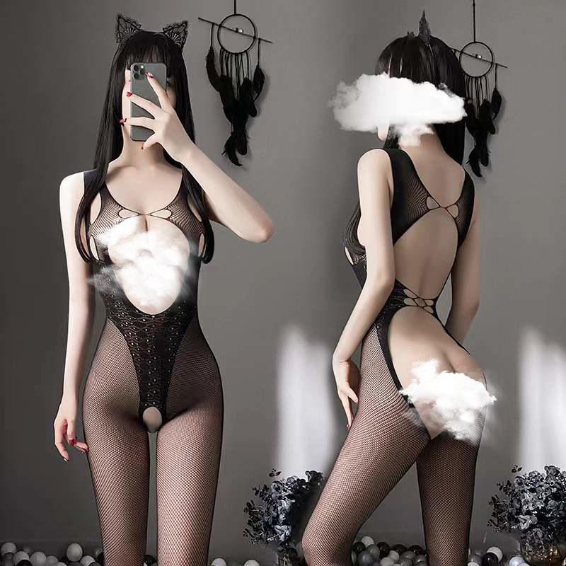 Nachtwäsche: Sexy Netz Damen Transparenter Bodystocking mit offenem Schritt Versuchungsset