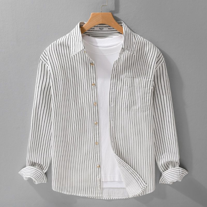 Spring and Autumn Japan fashion Print Vertical Stripes Long sleeve Shirts Men's Loose Casual Shirt Outerwear Cotton All-Matching New