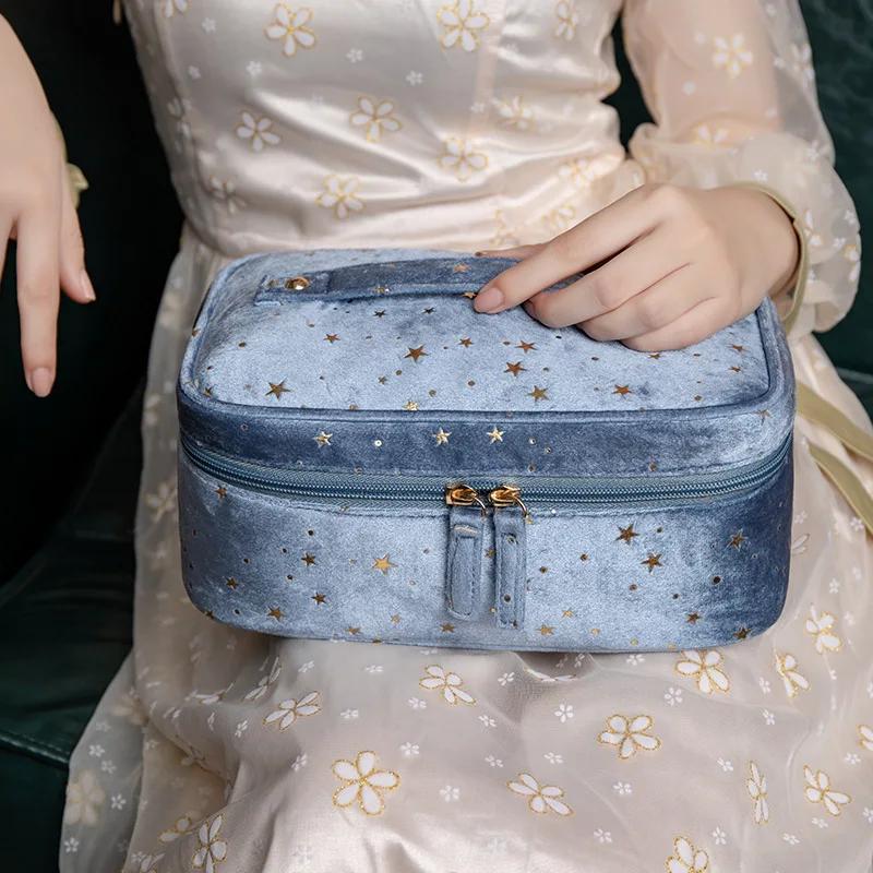 Portable Travel Small Cosmetic Bag Flannel Cosmetic Storage Bag Hand Flannel Women's Large Capacity Starry Sky Cosmetic Bag