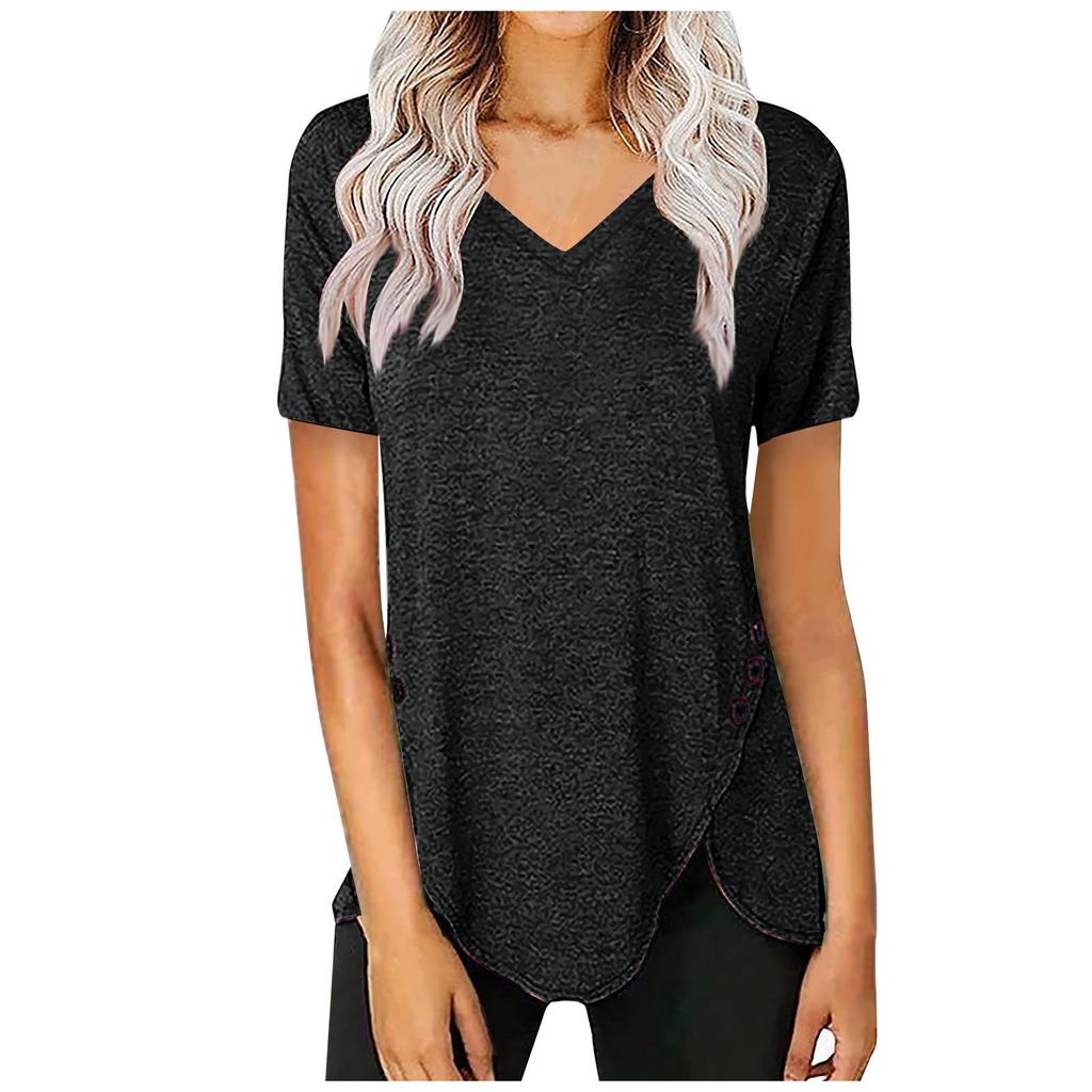 Summer Womens Trendy Irregular Hem Tops Sexy V-Neck T Shirts Short Sleeve Buttons Blouses Plain Daily Tees