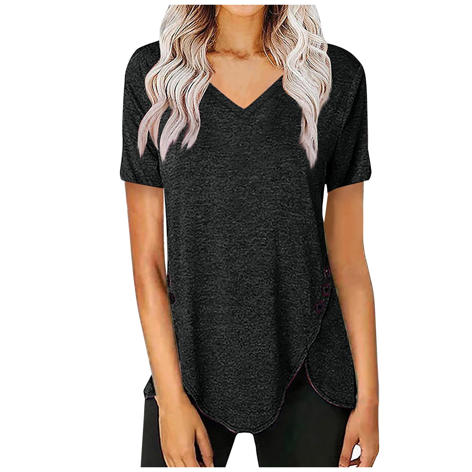 

Летние женские модные топы с нерегулярным подолом, сексуальные футболки с v-образным вырезом, блузки с короткими рукавами и пуговицами, простые повседневные футболки L чёрный