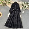 Luxury Party Dress for Women Long Lace Hollow Out Bandage Runway Patchwork Solid Lantern Sleeve Single Breasted Stand Dress