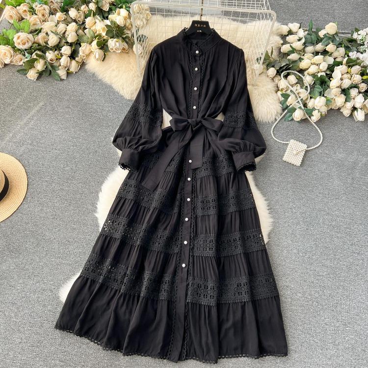 Luxury Party Dress for Women Long Lace Hollow Out Bandage Runway Patchwork Solid Lantern Sleeve Single Breasted Stand Dress