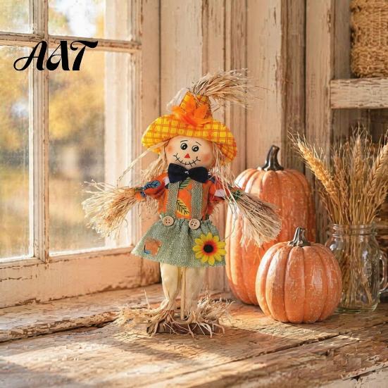 Harvest Festival Party Supplies Standing Fall Scarecrow Decoration, Rustic Halloween Thanksgiving Ornament Indoor Home with Clothes Hat for