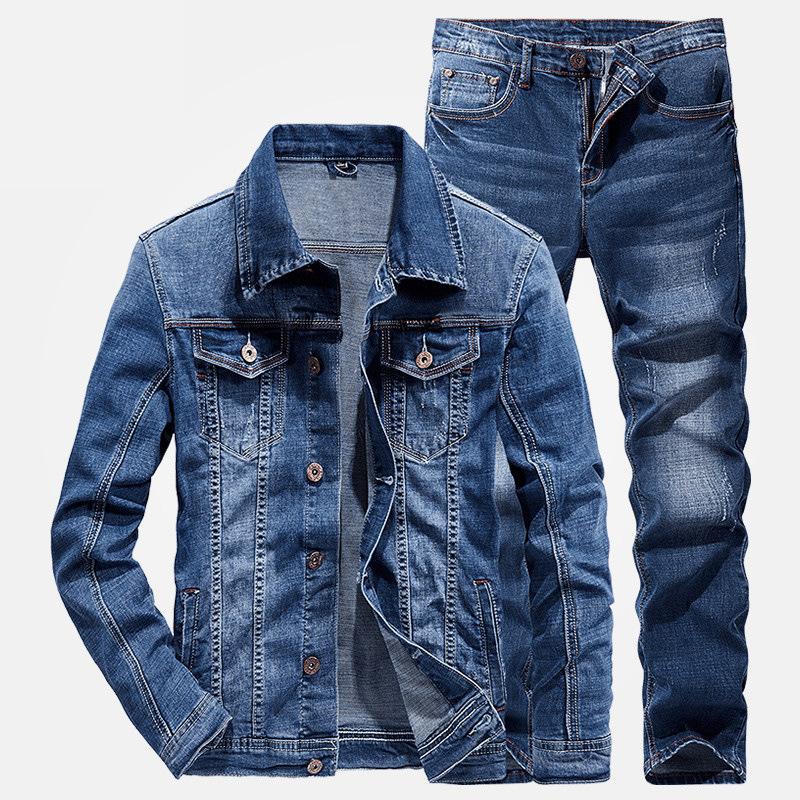Herren Einfacher Slim Fit Stretch Denim Anzug, Langarmjacke und Hose, Business Casual Jeanssets, Frühling Alltagskleidung, 2-teilig