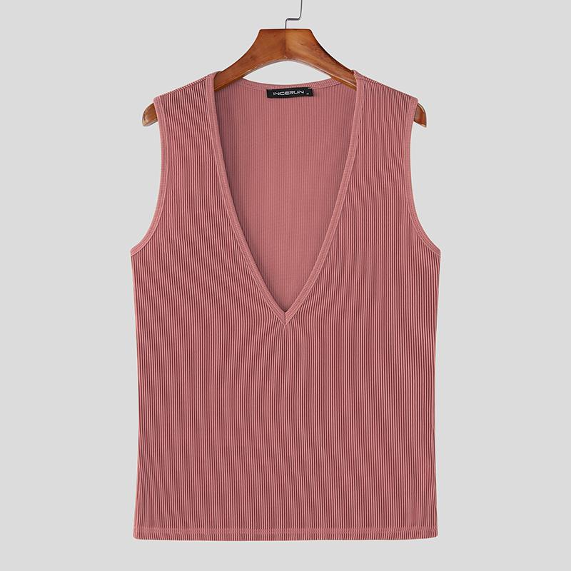 INCERUN Summer Men Deep V Sleeveless Solid Casual Fitted Rib Tank Tops Undershirts