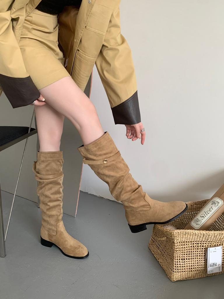 2025 Autumn and Winter New Round Head Thick Heel Soft Sole Thin Boots But Knee Knight Women's Boots