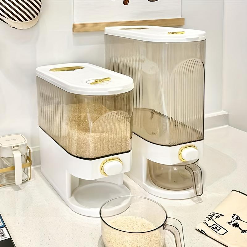 Großer 2-in-1-Reisspender und Vorratsbehälter für trockene Lebensmittel mit Messbecher und Zeitskala, Küchen-Organizer aus Kunststoff mit Klappdeckel für Getreide