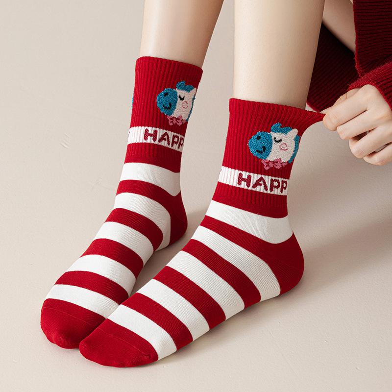Gift Box Year Of The Horse Red Socks Pure Cotton Medium Tube Socks Cute Flocked Wedding Festive Big Red Stockings