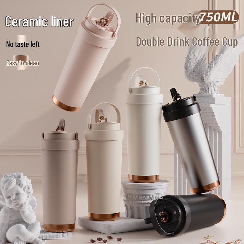 

Elegant Ceramic-Lined Coffee Thermos Cup with Straw – Ideal for Men, Women, and Students; Perfect Gift for Stylish Beverage Lovers. Dusk Black (Ceramic Liner)