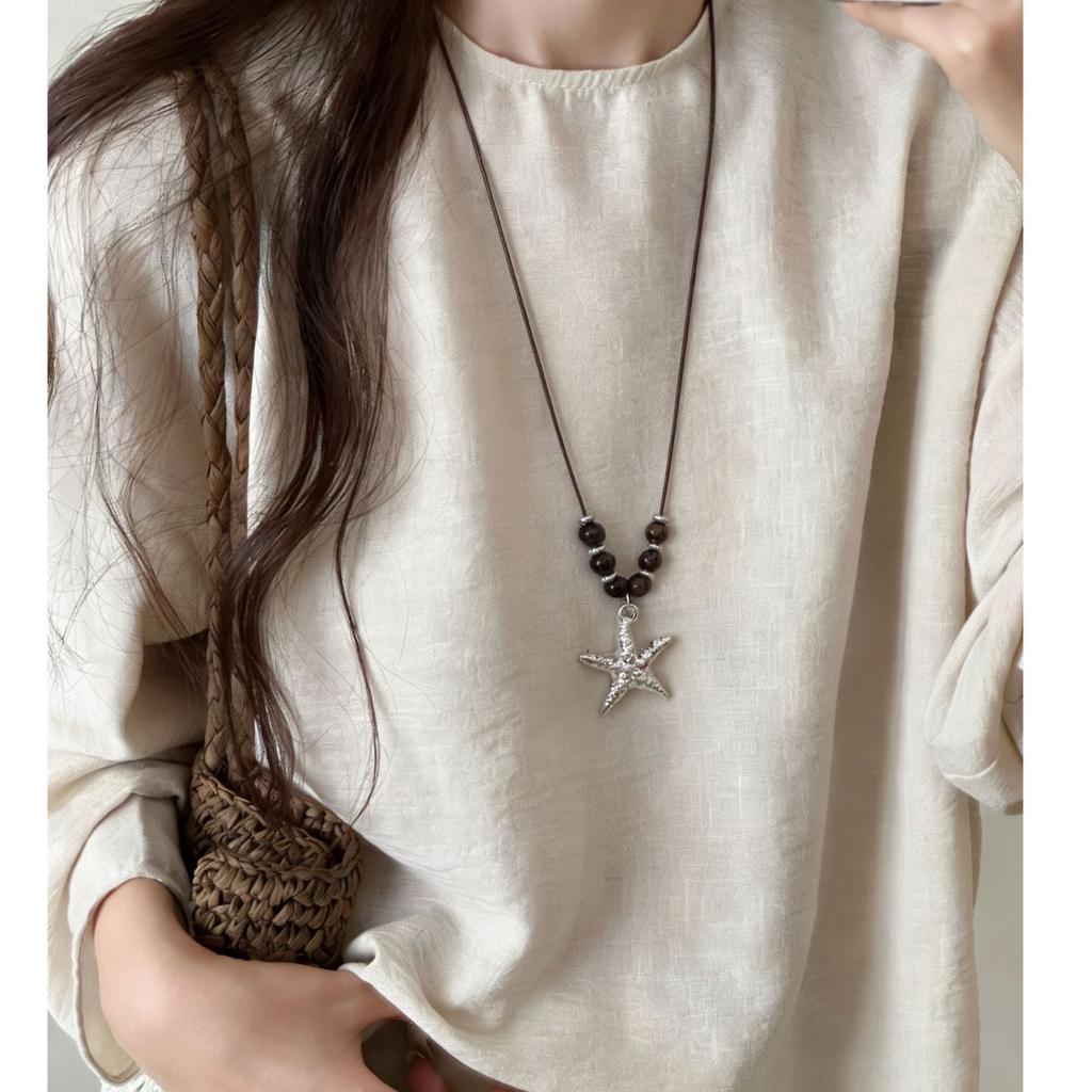 New Bead Summer Seaside Vacation Conch Shells Starfish Pendant Long Adjustable Necklace for Women Bohemian Vintage Accessories