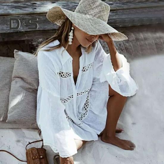 Beach Bikini Cover Up Shirt Lapel Flared Long Sleeve Single Breasted Swimsuit Coat Hollow Out Women Mid-length Shirt