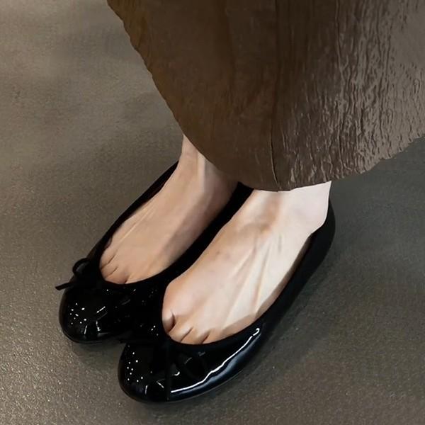 Cowhide model~ leather round head bow flat-bottomed French retro ballet shoes women's one-pedal commuter single shoes ladyshoes