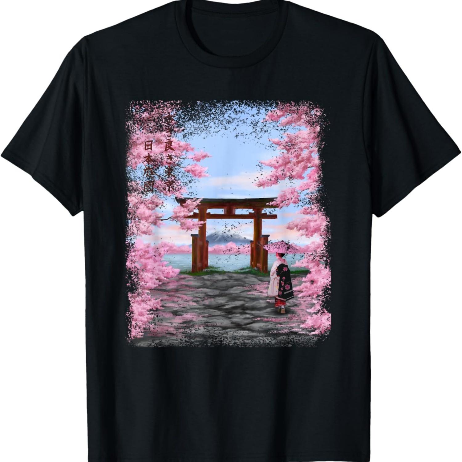 KAWAII GEISHA WITH CHERRY BLOSSOM T-Shirt(4) S чёрный
