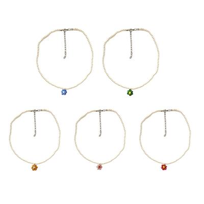 Rainbow Pearl Necklace Colorful Bead Pendant Flower Choker Trend Eye-catching Female Accessories for Casual Outfits