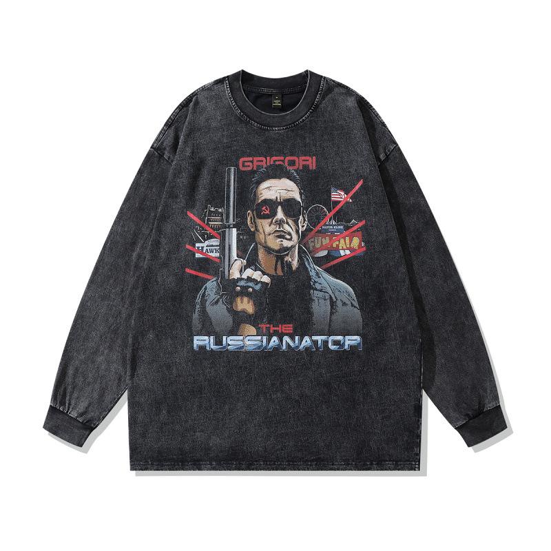 American High Street Retro Long-Sleeved T-Shirt White Ink Direct Spray Print Heavy Cotton Washed Crew Neck Sweatshirt Men'S Ins