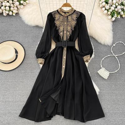 Sweet Style Women's Long-sleeve Embroidery Patchwork Single-breasted High Waist A-line Dress  Autumn New Dresses SN3859