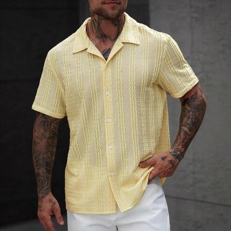 Mens Casual Short Sleeve Striped Cuban Collar Textured Shirt