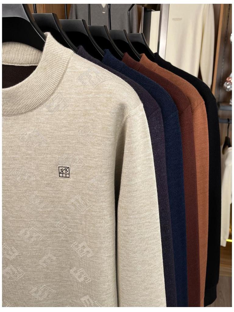 Men's Half-High Collar Jacquard Sweater with Velvet Lining - Warm, Skin-Friendly Knit Base Layer for Fall/Winter