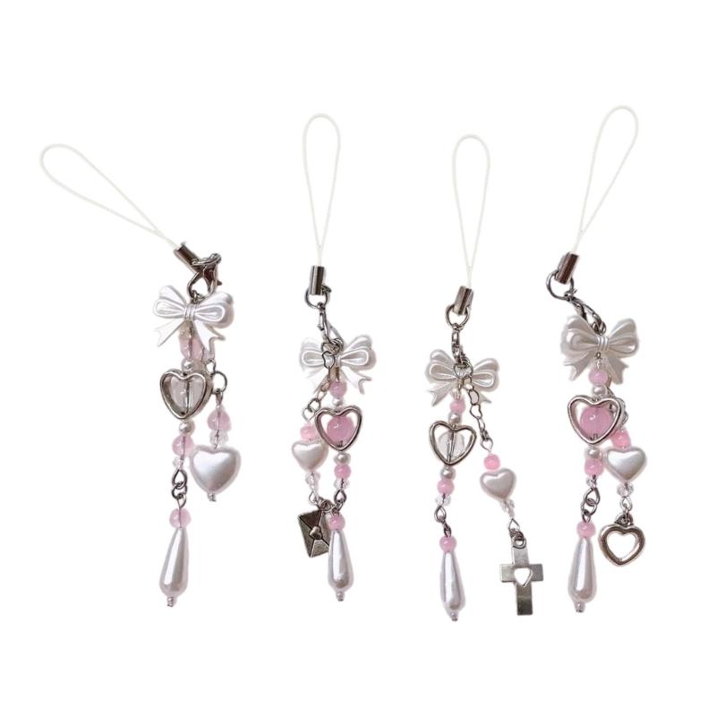 Sweet Bowknot Phone Chain Ornament Heart Beaded Cellphone Pendant Phone Lanyard Bag Ornament for Fashion Individuals