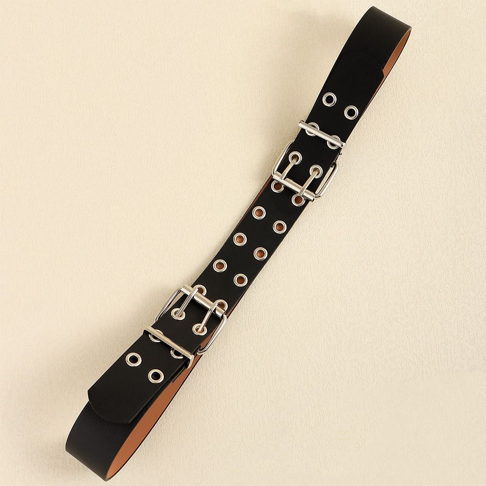 Round Eyelet Gothic Leather Belt Transparent Double Pin Buckle Waistband Rivet Belts  Men Women