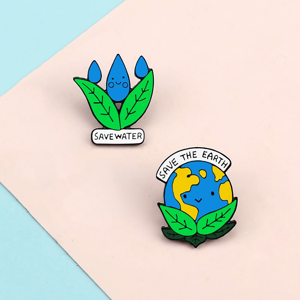 Creative Save the Earth Brooch Slogan Protect Environment Enamel Pins Save Water Go Green Badge Cartoon Custom Bag Lapel Jewelry