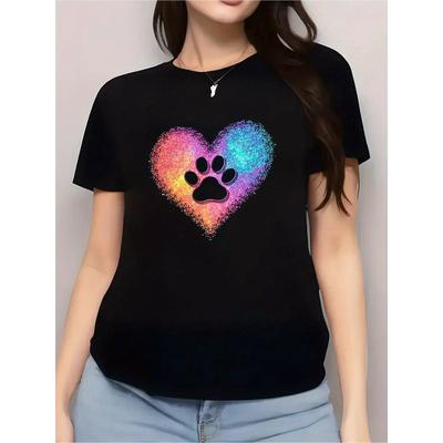 Europäische Größe Schwarzes T-Shirt mit "Pfotenabdruck-Herz" Grafik - Lässiges Sommer-T-Shirt mit buntem Pfotenabdruck-Design, Kurzarm, Rundhalsausschnitt, Freizeitkleidung