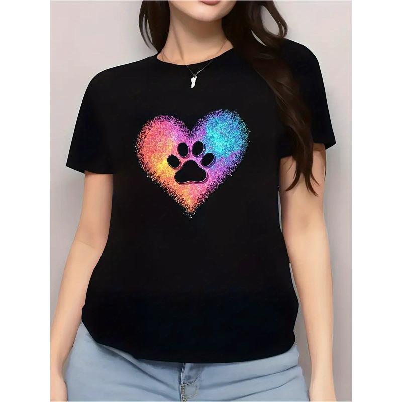 Черная футболка с графическим принтом Сердце с лапкой - Повседневная летняя футболка с ярким принтом лапки, Короткий рукав, Круглый вырез, Повседневная одежда S чёрный